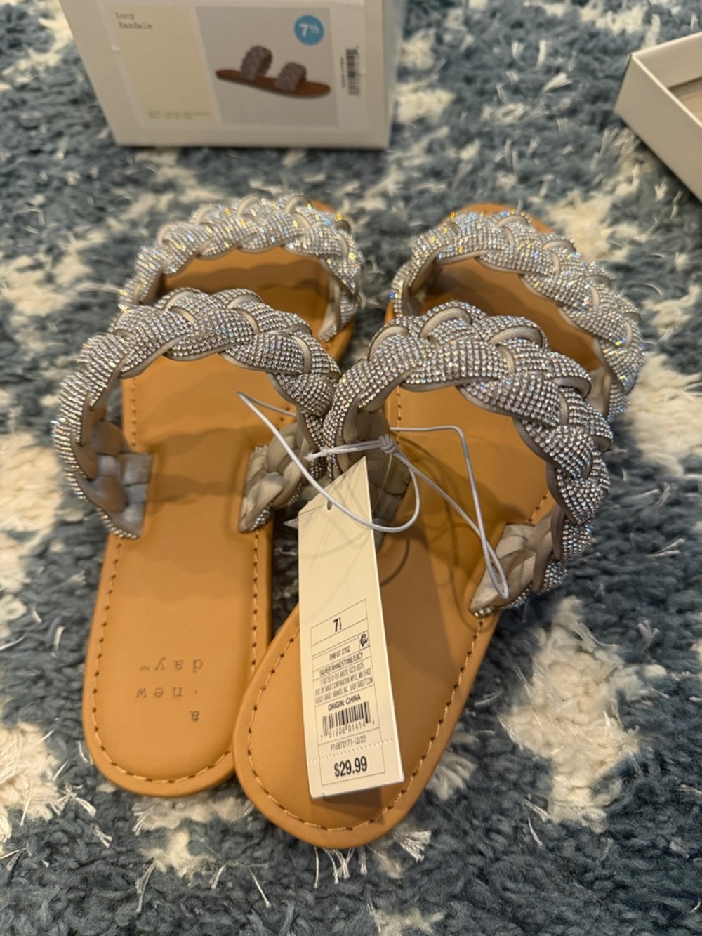 a new day Braided Rhinestone Silver Tan Slide Sandals